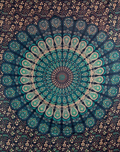 Deko Wandteppich Pfau Indien Baumwolle Mandala Tapestry Türkis Grün Wandbehang Tapisserie Gedruckt Blumen Von Rajrang - 2