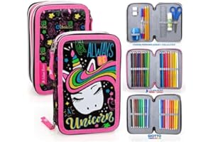 Julian Ross Unicornio Estuche Triple Lleno para Niñas, Plumier Triple, 45 Accesorios Educación Primaria, 20 Centímetros, Pegamento de Barra, Mina+, 3 Cremalleras, Compartimentos Organizados