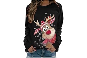 Bastwahl Pull De Noel Femme Automne Hiver décontracté Noël Renne Bonhomme de Neige Cloches imprimé Mignon Manches Longues col Rond Pull Confortable Fille