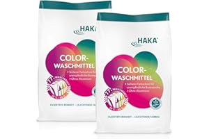 ‎HAKA HAKA Colorwaschmittel Pulver, 2x 3 kg (155 WL), kraftvolle Fleckentfernung für strahlende Buntwäsche, Farbschutz & Faser-Glättung, ohne Aluminium & Füllstoffe, vegan, umweltfreundlich