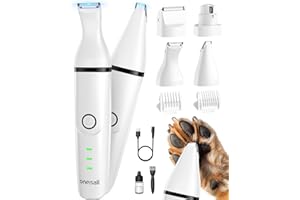 oneisall 4 in 1 Tosatrice per Cani e Gatti Silenzioso, Ricaricabile Rasoio per Cani, Rasoio Cane taglia zampe e affila artigli con 4 testine multiuso per la depilazione di tutto il corpo (Bianco)