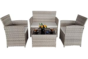 AFURNI Rattan 4 Piece Garden Furniture Set, Grey Outdoor Patio Sofa Set for Backyard, Porch,Garden,Poolside