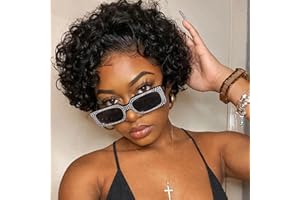 Fereowth 13x1 Lace Front Wig Short Culry Human Hair Perruque Femme Naturelle Brésilien Bouclée Courte Perruque Cheveux Humains Hair 150% Densité (Noires)