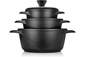 briebe Set Pentole Induzione Batteria 6 Pezzi, 3 Casseruola, Alluminio Pressofuso, Antiaderente ILAG GRANITEC senza PFOA, Coperchi in Vetro, Guanti in Silicone, Vetroceramica, Gas, Forno, MGK-18S