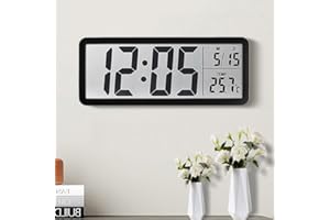 Jonuin Digital Wall Clock, 8'' LCD Digital Wall Clock with Time, Temperature, Date Display, Battery/USB Operated Wall Clocks for Living Room, Bedroom, Kitchen, Desk (Black)