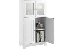 KOMFOTTEU Armario de Baño con Puertas de Vidrio, Columna de Suelo con Estante Ajustable, Mueble de Almacenaje de Madera para Sala de Estar, Dormitorio, Cocina, 60 x 30 x 109 cm