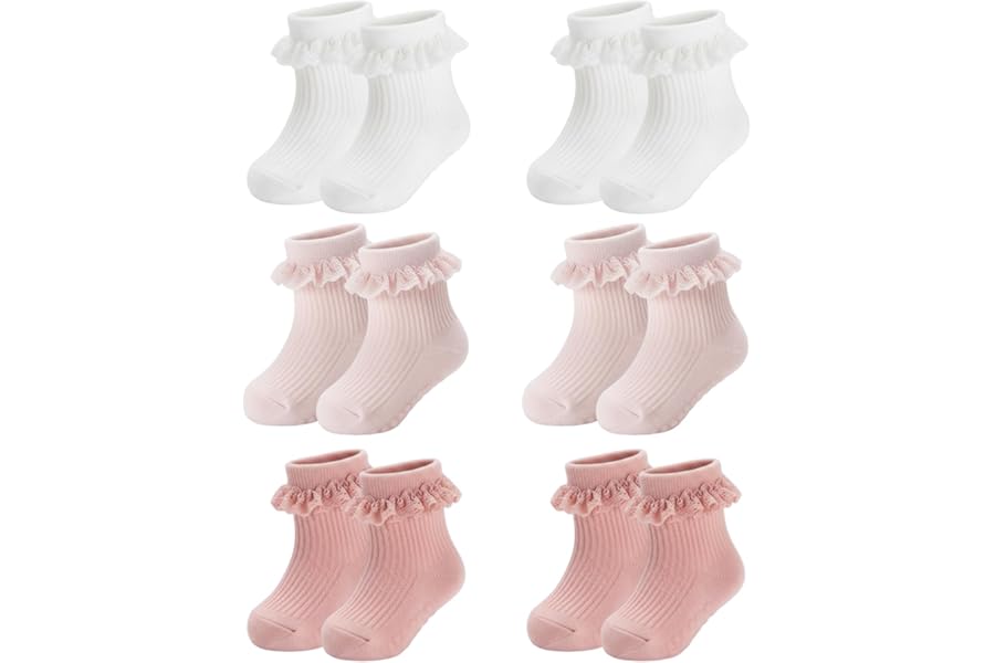 HDFHDF 6 Pairs Socks Kids Baby Girls Anti Slip Floor Spring and Autumn Cotton Learning to Walk Unsteadily Lace