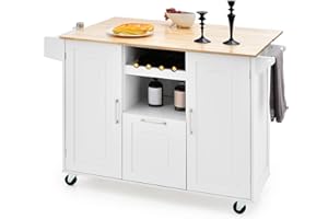 KOMFOTTEU Isla central móvil con encimera de madera de caucho, carro de cocina con cajón, portabotellas y 2 armario para puerta, postre sobre ruedas, 130 x 45 x 90 cm, color blanco
