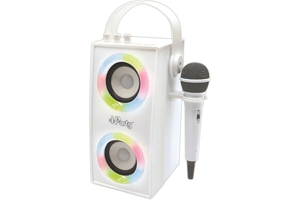Lexibook, iParty, Enceinte Portable Bluetooth Lumineuse avec Micro, karaoké, Effets Lumineux, sans-Fil, USB, Carte SD, Batterie Rechargeable, Blanc, BTP180Z