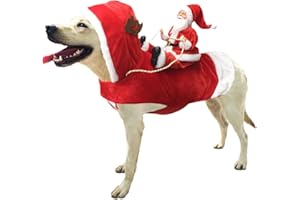 ZZQVIP Trajes para Perros Navidad, Papá Noel Montando Perro y Gato Mascota, Disfraz Rojo para Mascotas, Gorro de Papá Noel, Correa, Astas de Reno, Escote Ajustable(L)