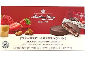 ANTHON BERG Strawberry in sparkling wine 984051 Chocolate con mazapán (41%) y relleno (25%) con fresas en un vivo brillante.