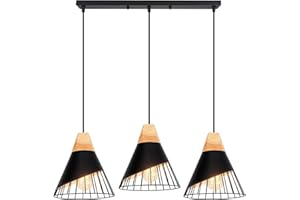 TOKIUS 3 Lampes Suspensions Luminaires Modernes Industrielles Bois Lustre Abat-jour Métal Vintage forme Cage Ø25cm Plafonnier E27 Design pour Cuisine Chambre Salon