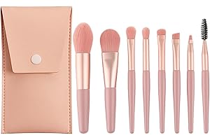 Witbicg - Lot de 8 pinceaux de maquillage bon marché - Pinceaux de maquillage professionnels anti-cernes, fard à paupières, fard à joues - Pinceaux de voyage pour femmes et filles (rose + sac en cuir)
