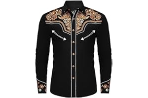 GENERIC Mens T-Shirt Men's Western Cowboy Shirts Long Sleeve Embroidered Shirts Slim Fit Casual Button Down Shirt with Pockets