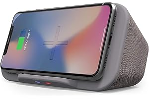 i-Box Wireless Charger, Portable Bluetooth Speaker, Charging Station, Wireless Qi Charger, iPhone and Android Phone Stand, 6W Stereo Speakers, 3.5mm Audio Jack, 4000mAh Rechargeable, Grey