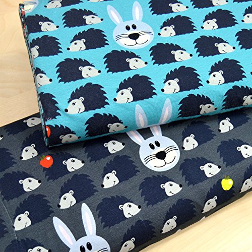 Jersey-Stoff "Igel und Hase" bunt / Kinder-Baumwoll-Jersey / Beste Öko-Tex Qualität / Meterware ab 50cm / FX-3-2 (01. Türkis)