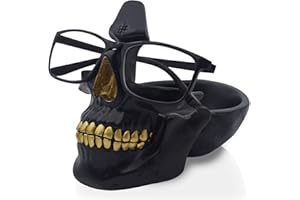 VIPbuy Skull Glasses Holder Stand, Novelty Eyeglass Holder Rack with Storage Tray for Nightstand, Resin Skull Head Statue Sculpture Home Office Desk Decor Gift (Black)