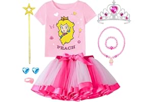 YYDSXK Peach Princess Costume Bambina, 9Pz Peach Princess Tutu, Vestito Principessa Gonna di Tulle con Accessori per Collana, Manica Corta Tutu Gonna Set per Festa Cosplay Halloween Carnevale Natale