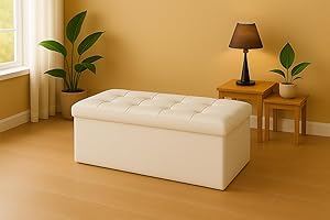 GX GARGIX Pouf, Panca Imbottita con Vano Contenitore Baule Trapuntato in Ecopelle VARI COLORI ELEGANTE (Les-5 Panna)