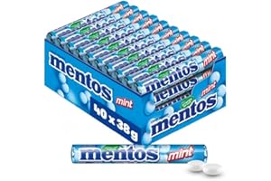 ‎MENTOS Mentos Kaubonbons Mint, Dragees mit Pfefferminz-Geschmack für frischen Atem, Multipack, Bonbon Vorrats-Packung, Verkaufsdisplay (40 Rollen), vegan