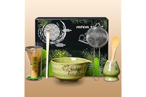 Rppiup Matcha Whisk Set, 6pcs Matcha Set Whisk and Bowl, Holder, Scoop, Spoon, Sifter. Cherry Blossom Print Matcha Kit, Elegant Japanese Tea Set for Making Usucha, Koicha and Latte (Pink Green)