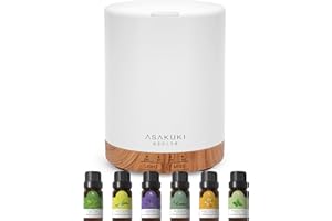 ASAKUKI Diffusers 300ml with 6 * 10ml Essential Oils Set, Aromatherapy Ultrasonic Cool Mist Essential Oil Diffuser with 7 Color Lights, Auto Shut-Off for Home Bedroom Office