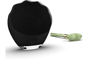 Wottocare Limpiador Facial y Masajeador de Silicona Recargable con Rodillo de Jade Natural y Bolsa de Transporte - Limpieza Inteligente para Todo Tipo de Pieles - Masajeador Anti Aging - Color Negro