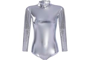 FYMNSI Justaucorps de ballet brillant pour femme - Justaucorps de danse - Justaucorps à manches longues - Effet mouillé métallisé - Combinaison de gymnastique - Combinaison en cuir verni