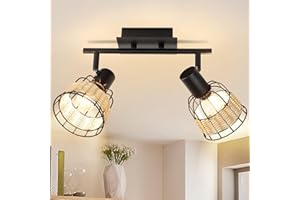 DEPULEY 2 Way LED Spotlight, Ceiling Light with Swiveling Spots Heads, Hollow Design Track lights with Iron Rattan Lampshade, Spot Lights for Kitchen, Living Room, Bedroom,Black, E14 Base (Bulbs Not Included)