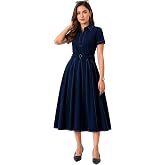 ZLAATA Women’s Formal Cotton Flex Dress | Collared Fit & Flare Midi Dress with Half Sleeves, Button Front & Waist Belt