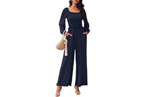 Tanou Jumpsuit Damen Elegant Gesmoktes Langarm Oberteil Weites Bein mit Taschen Einteiler Set Stretch Lässig Leicht Overall Herbst Outfits
