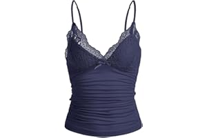 GORGLITTER Damskie ramiączka typu spaghetti Y2k Camisole Top Crop Top z dekoltem w serek z kontrastową koronką