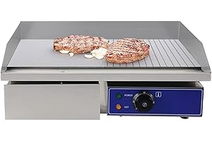 TAIMIKO Plancha Électrique Professionnelle 55 * 35.5cm Plaque de Cuisson Lisse & Rainurée 2 Zones De Cuisson 3000W Commerciale Plancha BBQ Acier INOX Grill (Lisse & Rainurée)