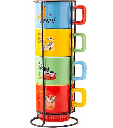 Lot De 4 Tasses à Café Keith Haring - Porcelaine, 300ml, Empilables Avec Support Métal - Micro-ondes Et Lave-vaisselle
