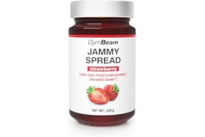 ‎GYMBEAM GymBeam Jammy Spread - Geleeaufstrich ohne Zucker, Fruchtaufstrich mit Fruchtstücken, fettfrei, kalorienarm, ideal zum Abnehmen, köstlich süß, perfekt für Brot, Breie & Desserts (220 g, Erdbeere)