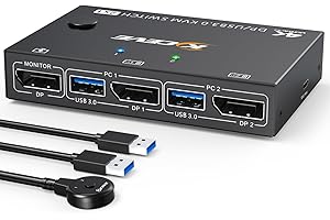 ESKEVE Commutateur KVM USB 3.0 Displayport 2 ports 8K à 30 Hz 4K à 144 Hz, commutateur KVM 2 PC 1 moniteur prenant en charge DP1.4 compatible avec D1.2, avec 4 ports USB 3.0 pour claviers et souris, etc.