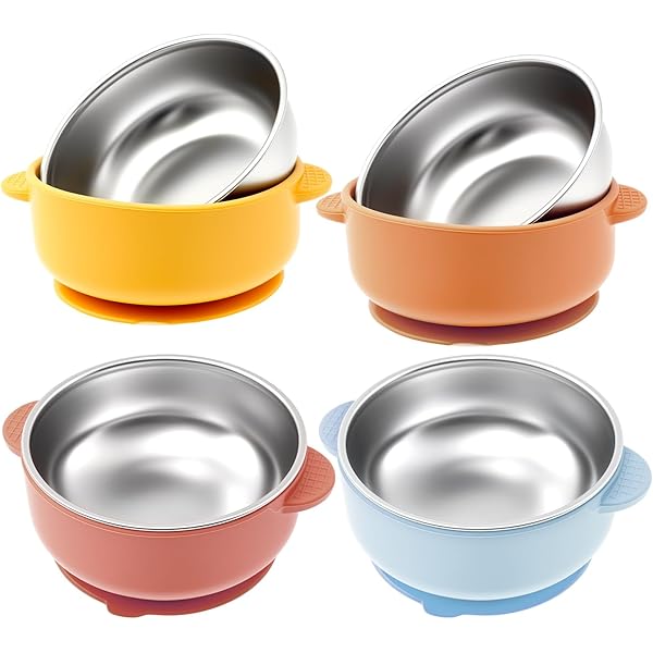 4er-Set Edelstahl-Baby-Teller Mit Saugnapf - 2-in-1-Schalen Mit Verbrühungsschutz & Abnehmbarer Silikonhülle