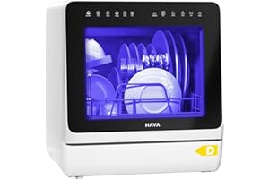 HAVA Lave-vaisselle de comptoir 2025 - Amélioré avec adoucisseur d'eau, efficacité énergétique optimale, 8 programmes de lavage, verrouillage enfant et fonction de démarrage différé