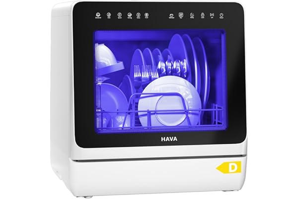 HAVA Lave-vaisselle de comptoir 2025 - Amélioré avec adoucisseur d'eau, efficacité énergétique optimale, 8 programmes de lavage, verrouillage enfant et fonction de démarrage différé