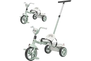 Twinly Tricycle évolutif pliable pour enfants de 1 à 5 ans, léger et compact, guidon avec lumière et son, panier et barre de poussée réglable Carly Menthe