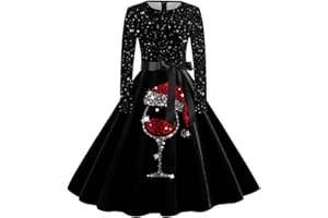 SNAKELL Womens Christmas Dress Snowman Santa Printed Xmas Party Swing Dress Rockabilly Vintage Dress 1950s Retro Cocktail Fancy Dress A Line Dress Wedding Guest Dress