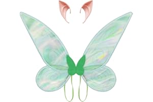 SINSEN Feenflügel Erwachsene Feenflügel Kinder, Fairy Wing Für Mädchen Damen Mit Elfenohren Halloween Karneval Fee Cosplay Kostüm Sich Kostümieren (Grün Flügel Set)
