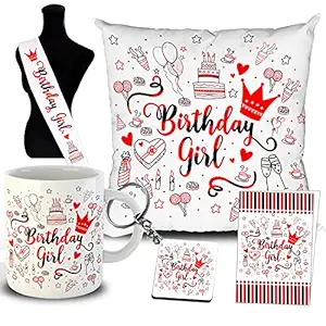 ODDCLICK 6 in 1 Birthday Gift for Girls Mug, Cushion with Filler, Keychain, SASH, Message Card for Girls (5-in-1 Combo)