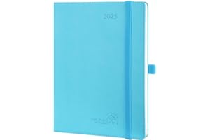 POPRUN Kalendarz 2025 Tygodniowy Książkowy 22 x 16,5 cm, Samoprzylepny Uchwyt na Długopis, Twarda Oprawa Miękka Okładka Ze Skóry Wegańskiej i Papier z Certyfikatem 100GSM FSC®, Niebiesko-Zielony