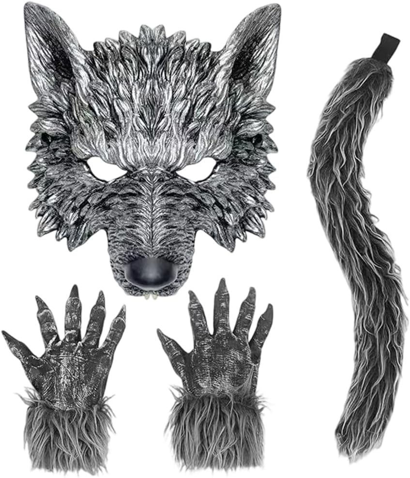 SYTTNUM Disfraz de lobo, disfraz de zorro, disfraz de lobo con cola de zorro, guantes, disfraz de animales para Halloween