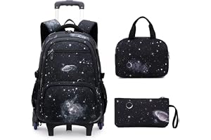 Rolling Backpack for Kids, 3pcs Lightweight Student Schoolpack with 6 Wheels, Padded Adjustable Shoulder Strap Large volume Waterproof Bookbag, Water Resistant Roller School Backpacks for boys