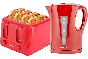 GEEPAS 1.7L Electric Kettle & 4 Slice Bread Toaster Kitchen Combo Set | 2200W Cordless Jug Kettle Auto Shut-Off | 1400W Toastie Machine 6 Browning Level Removable Crumb Tray | 2 Year Warranty, Red