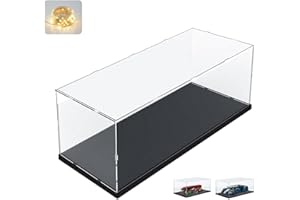 ELEPURE Vitrina Expositora para Colecciones para Lego 60444 60445 42154, Expositor Cajas de Metacrilato Transparente Espesado Vitrina Acrílica con Base de Madera-Plástico & Luz, Interior Negro 50x20x20cm