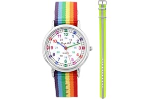 Pacific Time Kinder Armbanduhr Mädchen Jungen Lernuhr sehr gut ablesbar Wechsel Textilarmband Regenbogen + analog Quarz