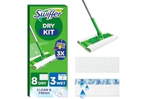 Swiffer Dammfångare, startkit (1 kvast, 8 torra våtservetter, 3 impregnerade våtservetter för parkett), fångar och fångar 3 x mer damm än en kvast